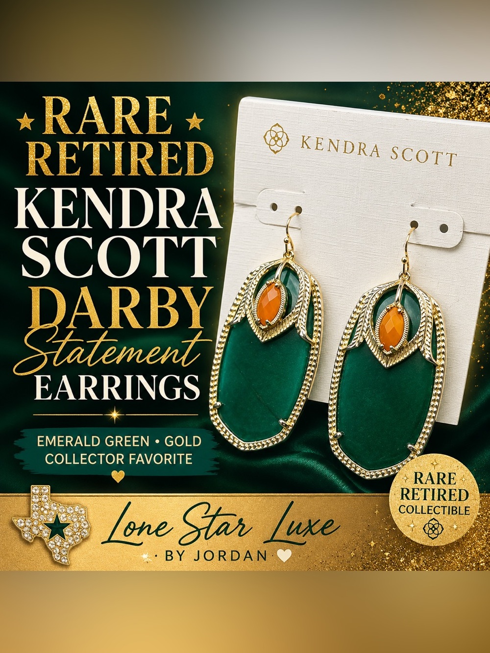 Kendra Scott Darby Earrings – Rare/Retired Collectible-Emerald-Orange Gold Tone